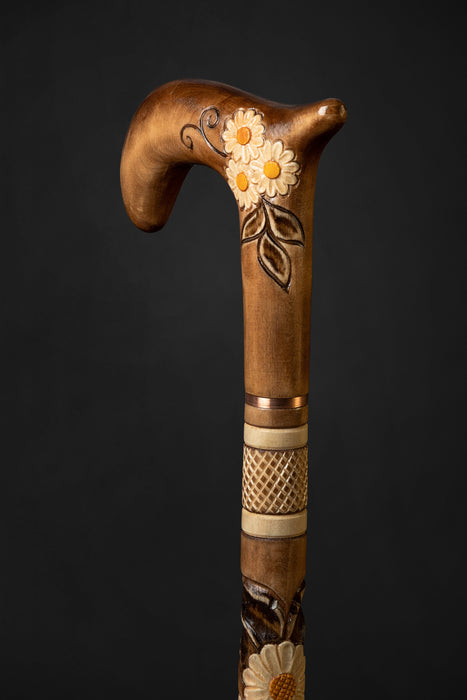 Beige Walking Cane for Ladies Chamomile Flower, Wooden Stick