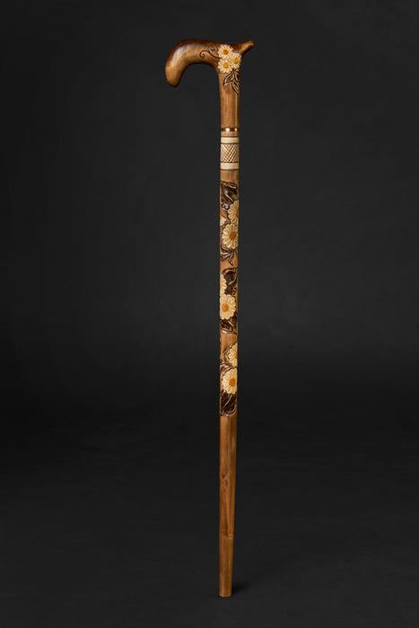 Beige Walking Cane for Ladies Chamomile Flower, Wooden Stick