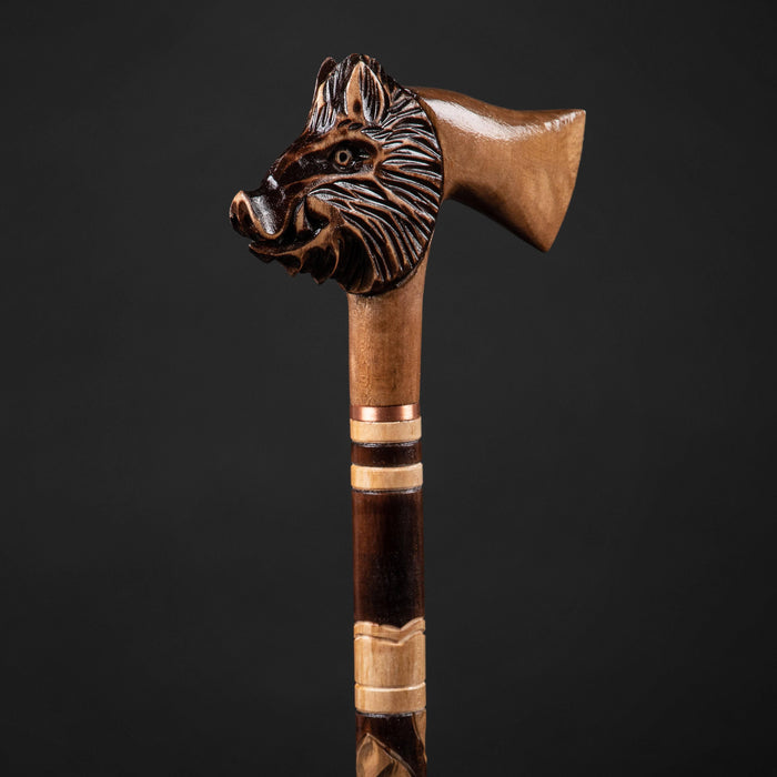 Handcrafted Wooden Carved Walking Cane - Boar Walking Stick