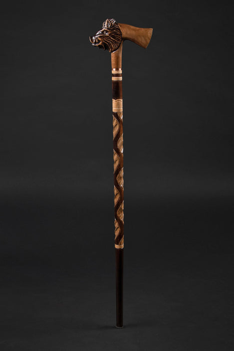 Handcrafted Wooden Carved Walking Cane - Boar Walking Stick