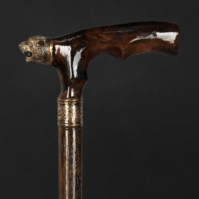 solid wood antique cane with panther figure handle