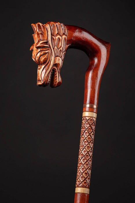 Red Dragon Head Walking Stick, Hand Craft Wooden Walking Cane