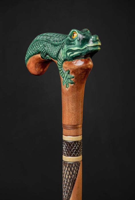 Alligator-themed wooden walking stick
