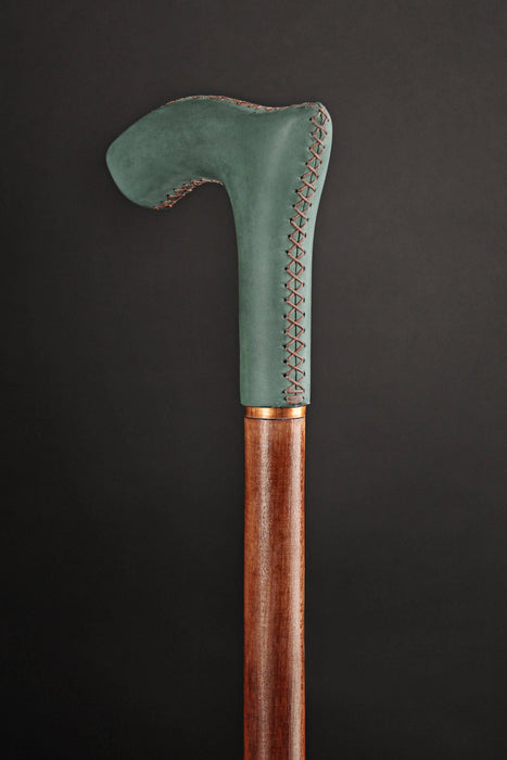 Leather Walking Stick Green - Elegant Ergonomic Design Handle