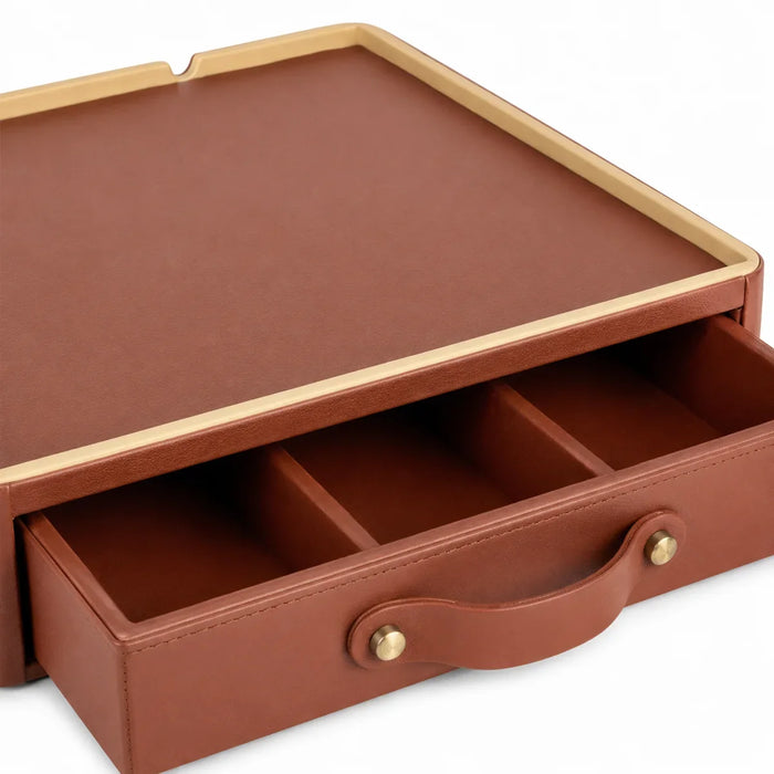 Tee- und Kaffee-Zubehörbox aus cognacfarbenem Leder mit Schublade