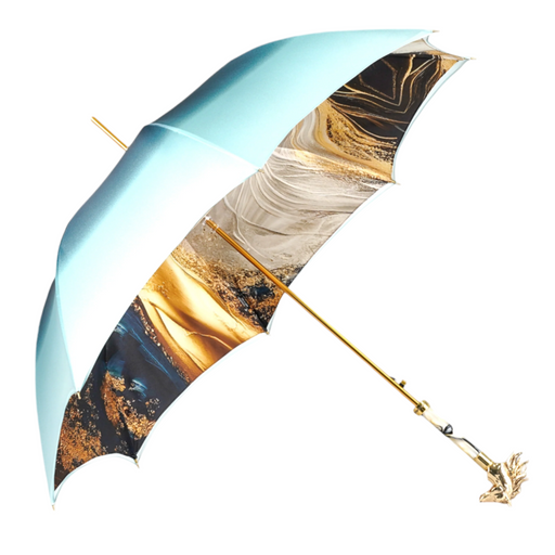 Light Blue Satin Umbrella with 24K Gold-Plated Horse Head Handle
