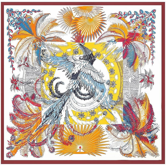 Palm & Phoenix Print Women's Luxury Hand-Rolled Twill Silk Scarf 130cm