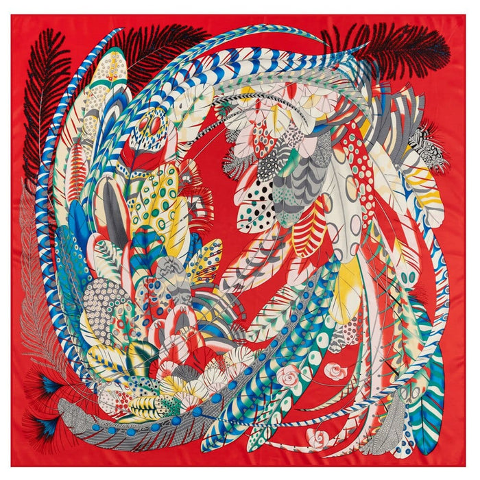 Indian Feather Print Women's Luxury Hand-Rolled Twill Silk Scarf 130cm