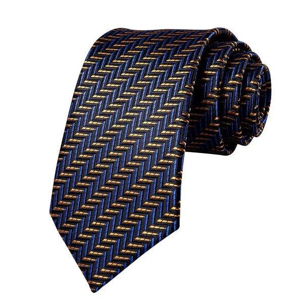 Midnight Blue Silk Tie with Gold Stripes - Classy Mens Accessory