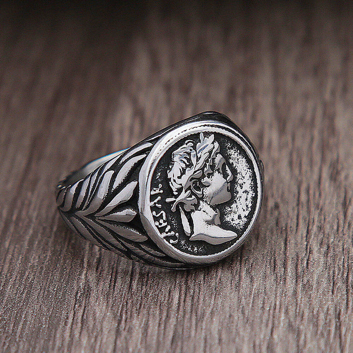 Emperor Caesar Head Ring Silver Stainless Steel