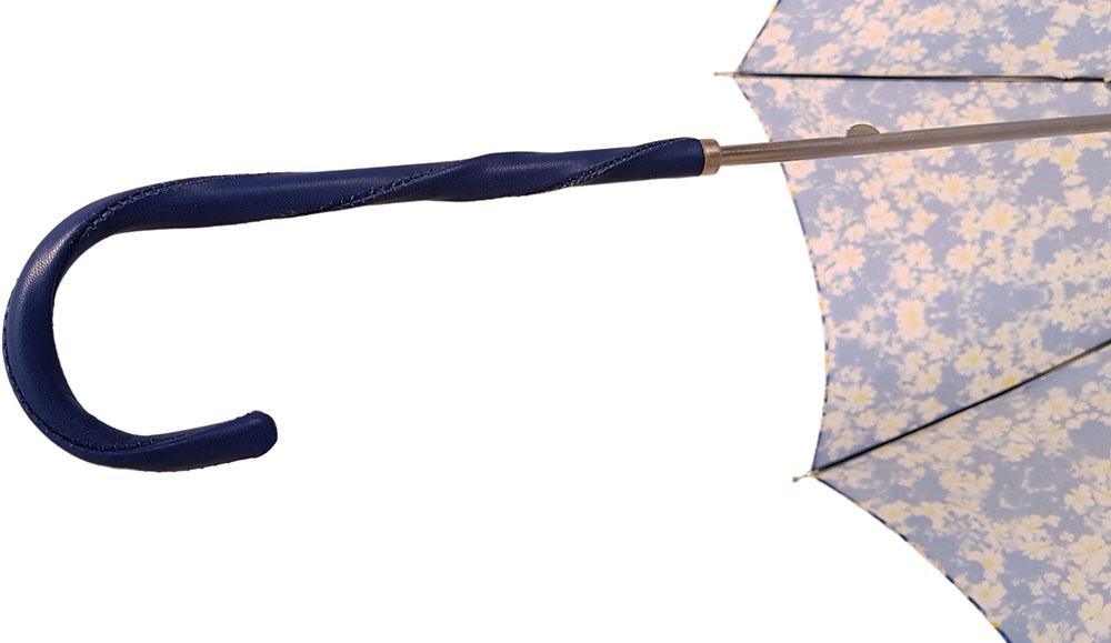 Marguerite Floral Patterned Parasol - Sun Umbrella with Blue Leather Handle