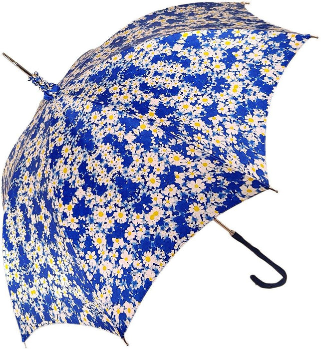 Marguerite Floral Patterned Parasol - Sun Umbrella with Blue Leather Handle