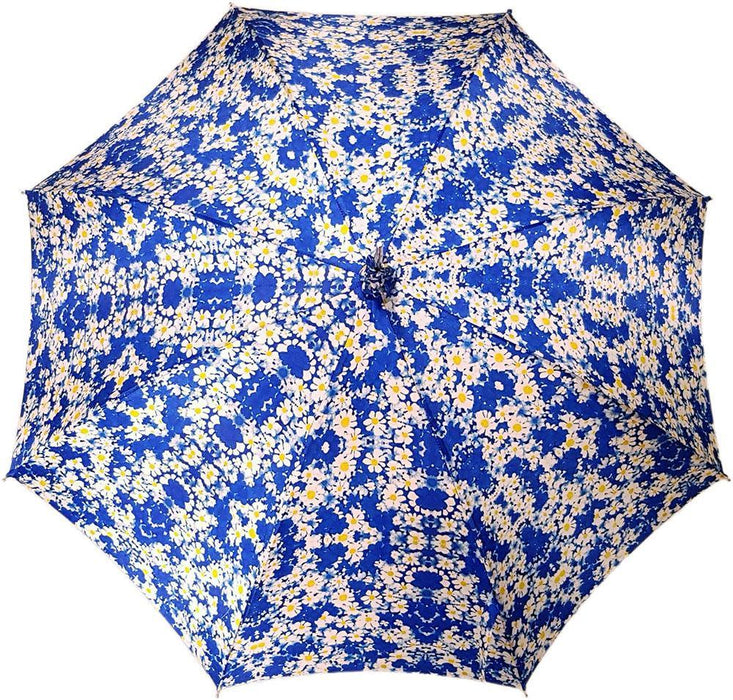 Marguerite Floral Patterned Parasol - Sun Umbrella with Blue Leather Handle