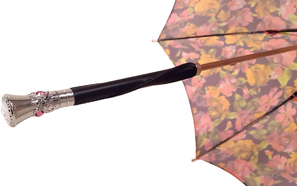 Women's Multi-Color Floral Parasol - Stylish Umbrella with Black Leather Handle