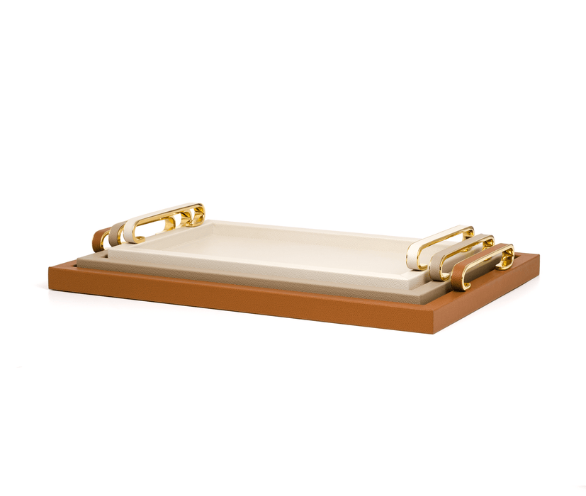 Stylish Foscari Wooden Tray with Genuine Leather and Rounded Metal Handles