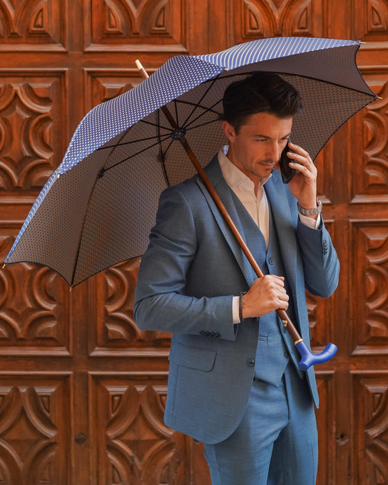 Stylish Elegant Umbrella with Blue Leather Handle and Beechwood Shaft