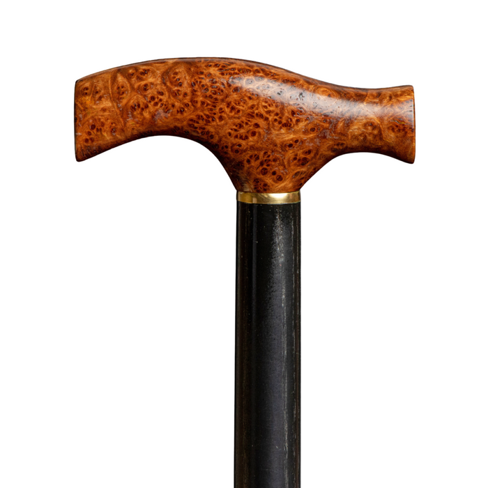 Elegant Derby Walking Stick with Burl Wood Handle and Brass Collar