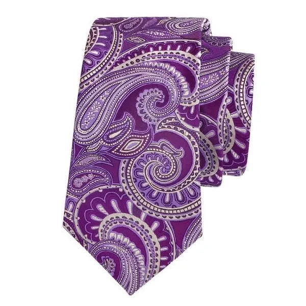 Silk Tie for Men - Purple and White Paisley Design