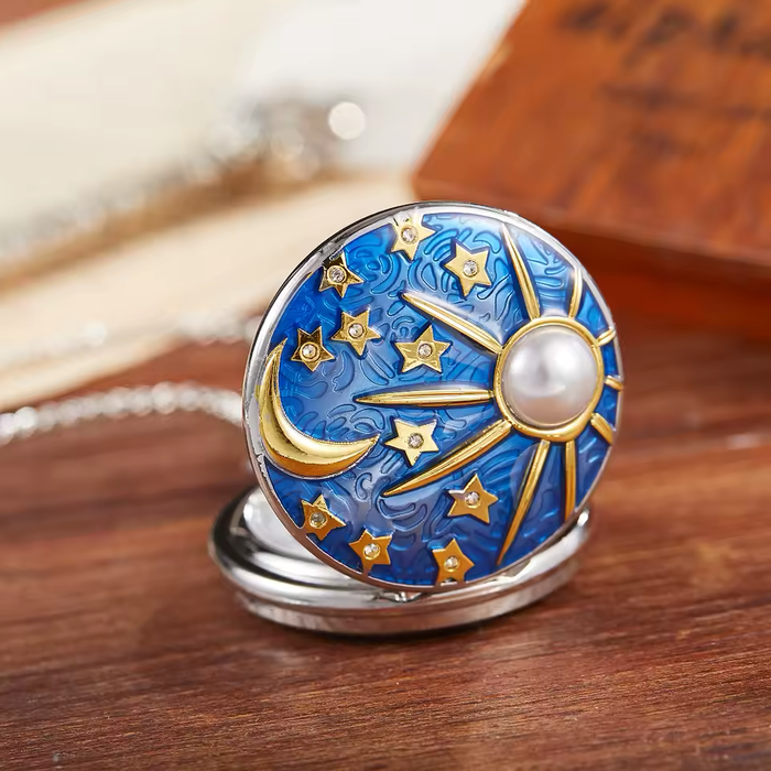 Star & Moon Steampunk Pendant Watch - Gold Blue Sky Quartz Clock