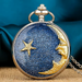 Star & Moon Steampunk Pendant Watch - Gold Blue Sky Quartz Clock