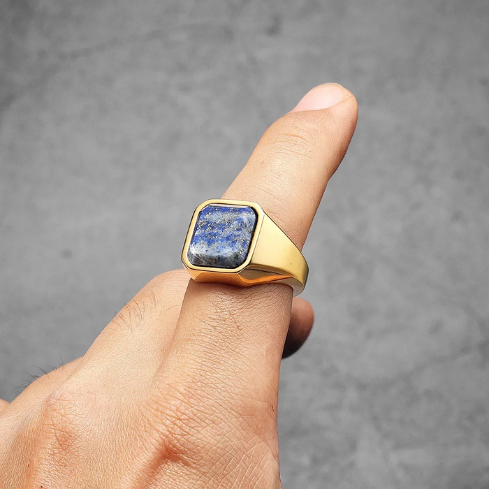 Gold Genuine Lapis Lazuli Stone Signet Ring