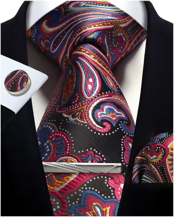Silver Paisley Silk Tie Set for Men – Necktie, Cufflinks & Pocket Square