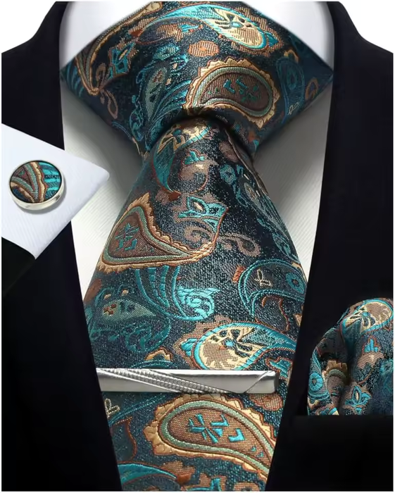 Silver Paisley Silk Tie Set for Men – Necktie, Cufflinks & Pocket Square