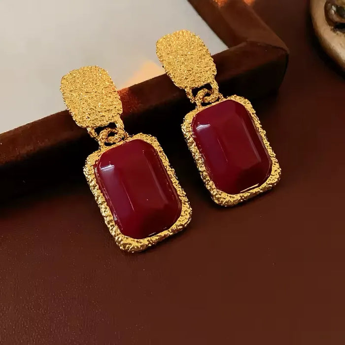 Vintage Simulated Pigeon Blood Ruby Oval Stud Earrings