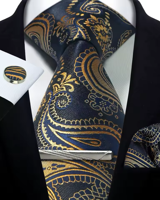 Silver Paisley Silk Tie Set for Men – Necktie, Cufflinks & Pocket Square