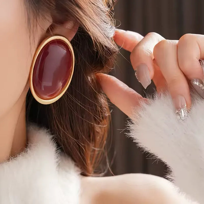 Vintage Simulated Pigeon Blood Ruby Oval Stud Earrings