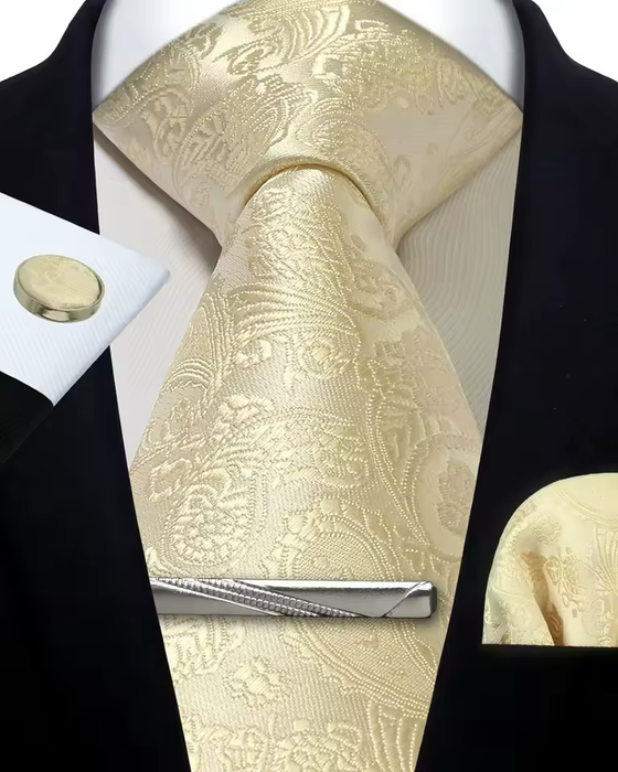 Silver Paisley Silk Tie Set for Men – Necktie, Cufflinks & Pocket Square
