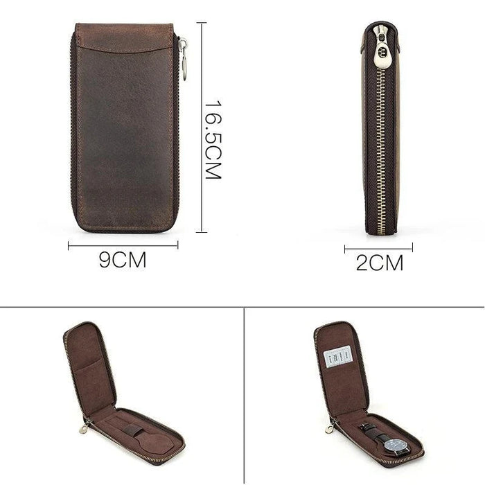 Brown Single Slot Leather Zippered Watch Pouch
