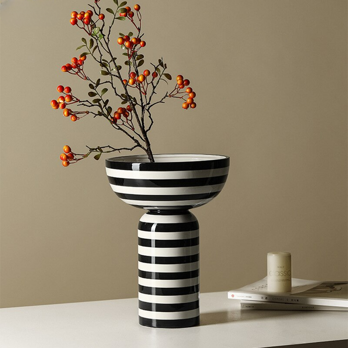 Classic Black and White Striped Ceramic Vase