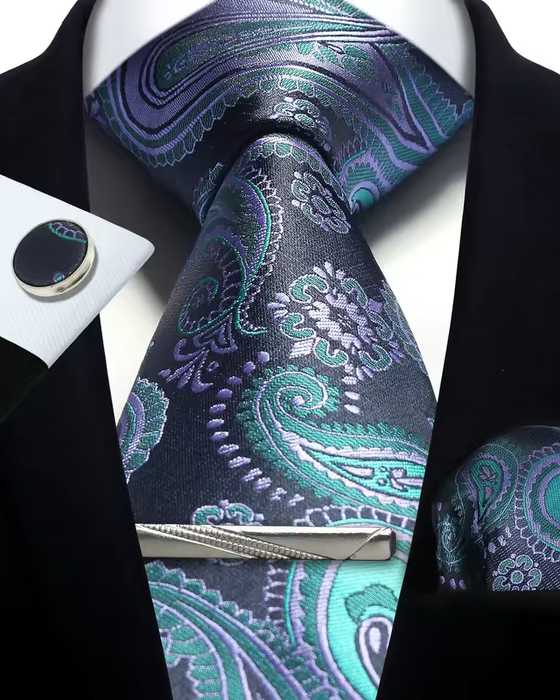 Silver Paisley Silk Tie Set for Men – Necktie, Cufflinks & Pocket Square