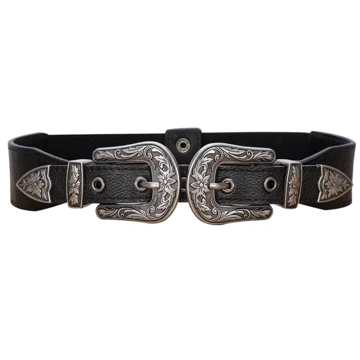 Vintage Black Waist Belt with Ornate Double Buckle – Classic Western Style