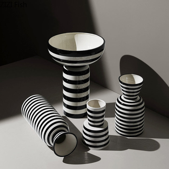 Classic Black and White Striped Ceramic Vase