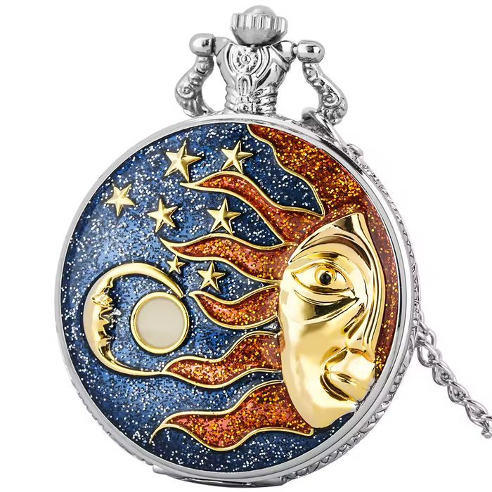 Star & Moon Steampunk Pendant Watch - Gold Blue Sky Quartz Clock