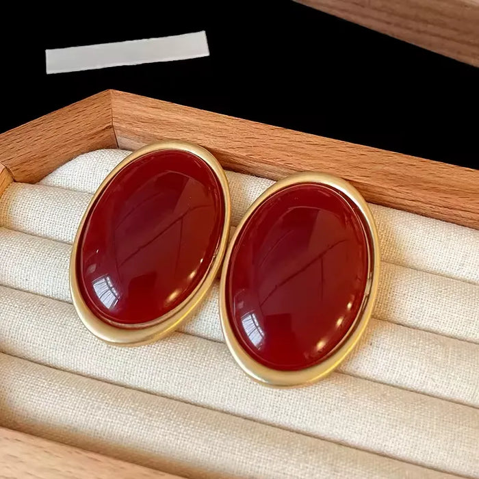 Vintage Simulated Pigeon Blood Ruby Oval Stud Earrings