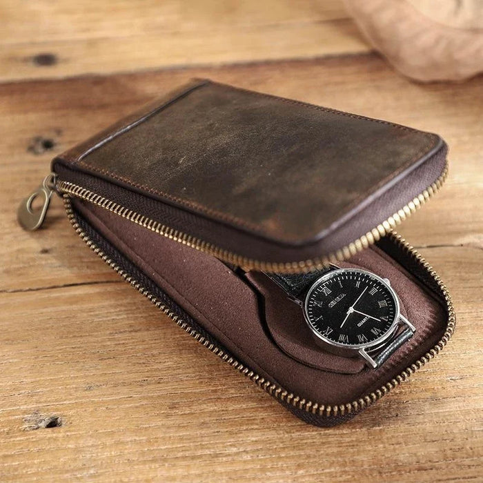 Brown Single Slot Leather Zippered Watch Pouch