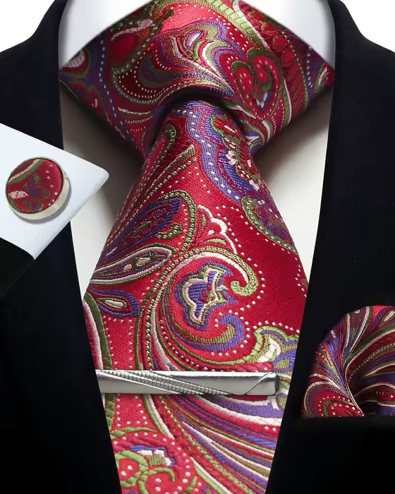 Silver Paisley Silk Tie Set for Men – Necktie, Cufflinks & Pocket Square