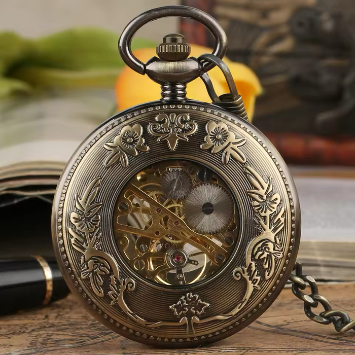 Vintage Red Wood Bronze Pocket Watch with Chain