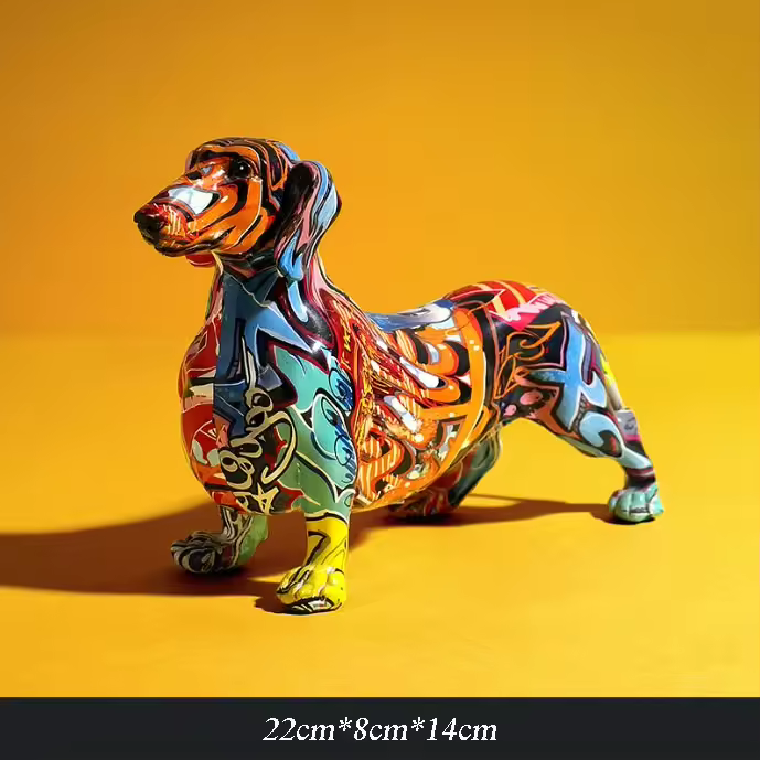 Modern Colorful Dachshund Dog Figurine – Hand-Painted Resin Decorative