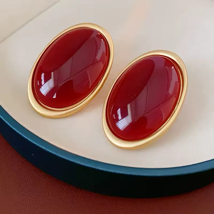 Vintage Simulated Pigeon Blood Ruby Oval Stud Earrings