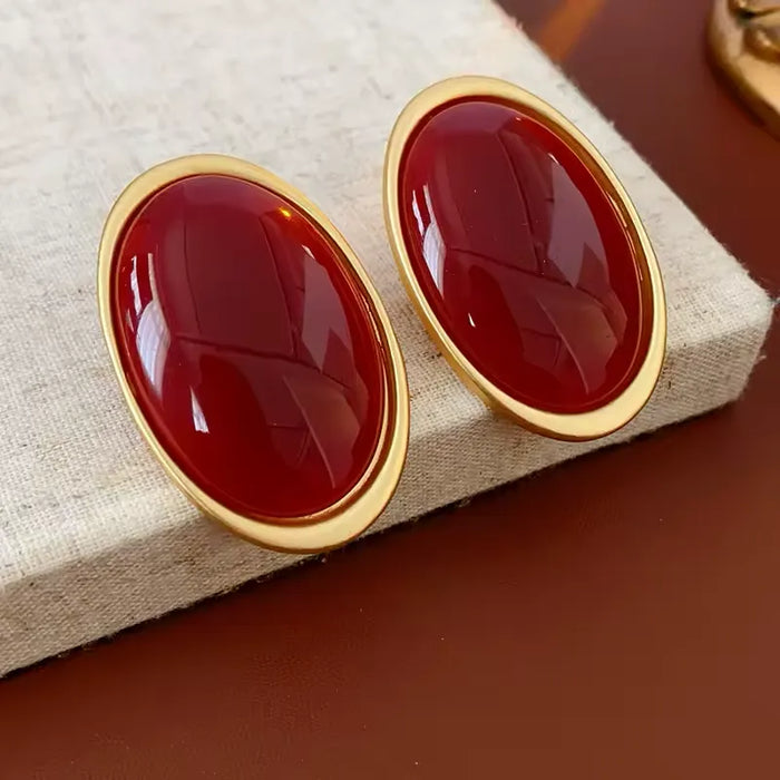 Vintage Simulated Pigeon Blood Ruby Oval Stud Earrings