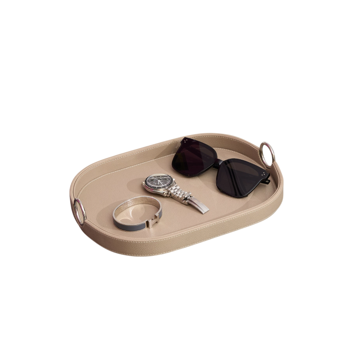 Saddle Leather Oval Amenity Tray with Stainless Steel Handles