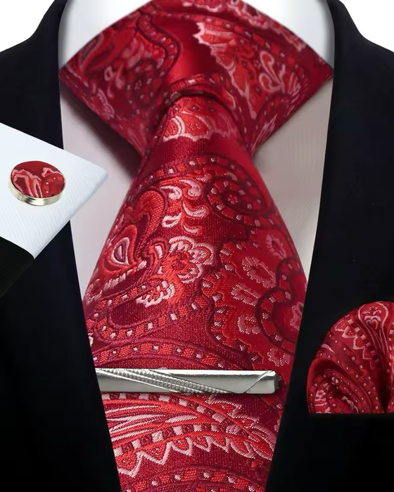 Silver Paisley Silk Tie Set for Men – Necktie, Cufflinks & Pocket Square