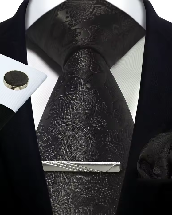 Silver Paisley Silk Tie Set for Men – Necktie, Cufflinks & Pocket Square