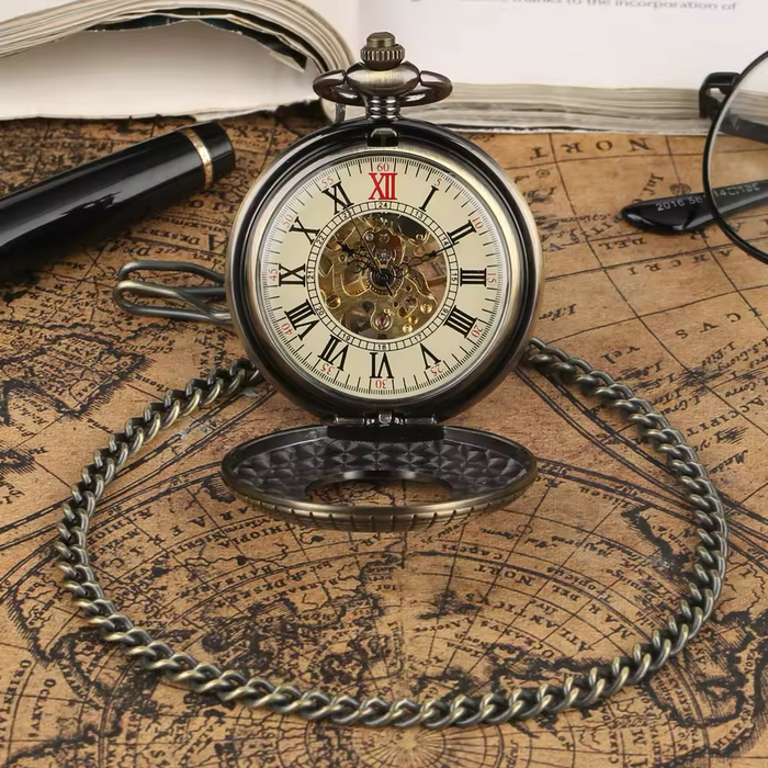 Vintage Red Wood Bronze Pocket Watch with Chain