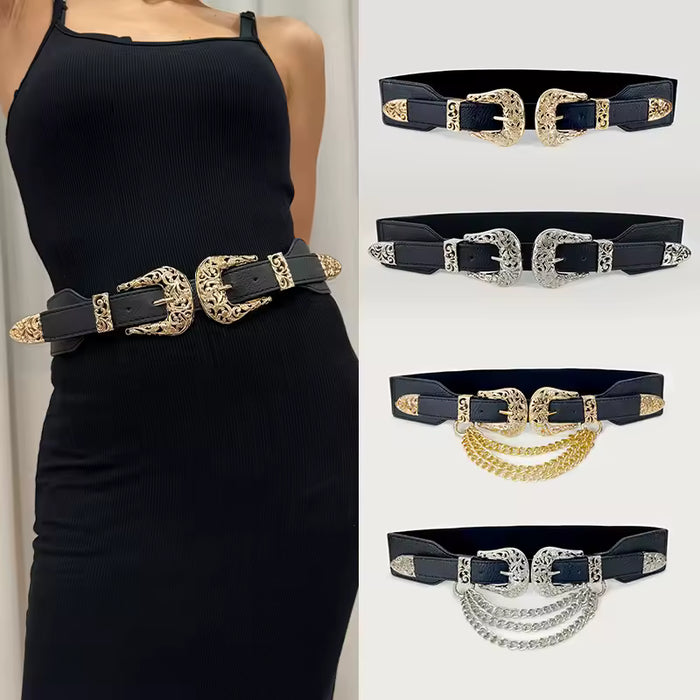 Vintage Black Waist Belt with Ornate Double Buckle – Classic Western Style