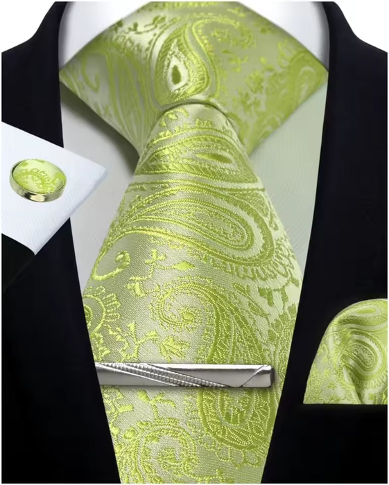Silver Paisley Silk Tie Set for Men – Necktie, Cufflinks & Pocket Square